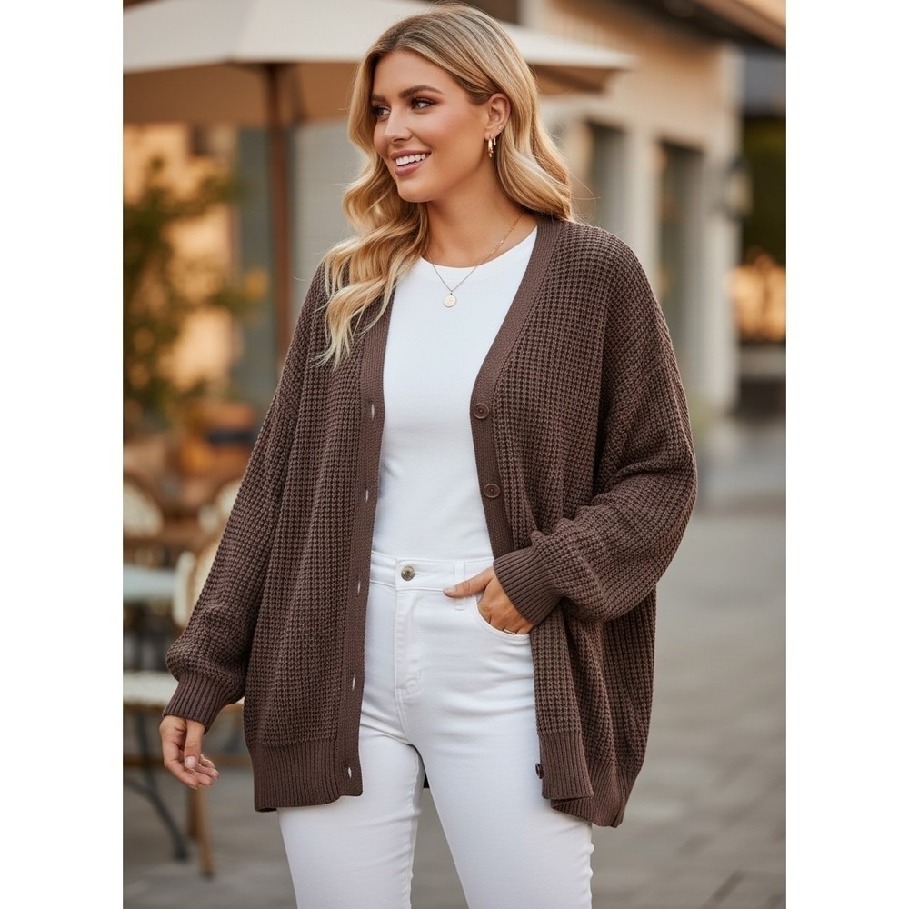 Qualfort Brown Oversized Waffle Knit Button Cardigan 100% Cotton Plus Size 2XL